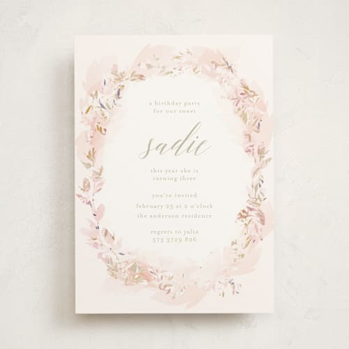 This is a blush kids birthday invitations with standard by Phrosné Barwood called kiddies crown printing on signature in standard