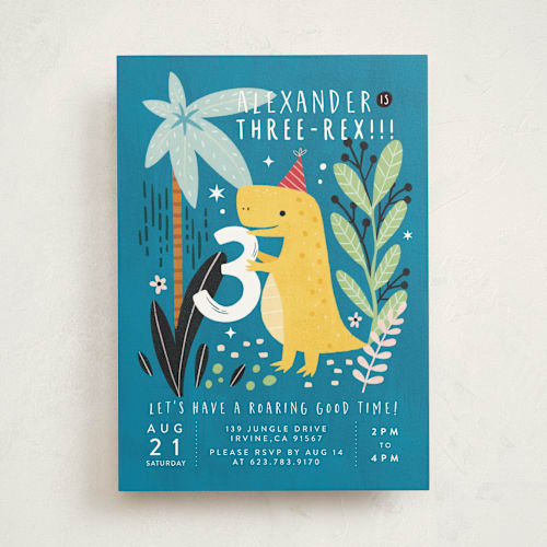 This is a jungle kids birthday invitations with standard by Cindy Chu called three-rex printing on signature in standard