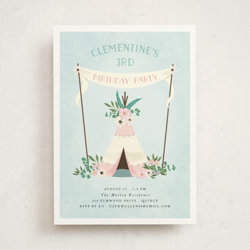 This is a ballet slipper kids birthday invitations with standard by Paula Pecevich called boho teepee printing on signature in standard