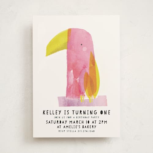 This is a peony kids birthday invitations with standard by Lori Wemple called toucan printing on signature in standard