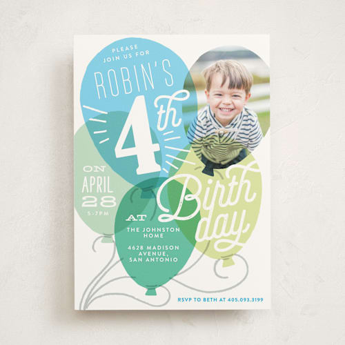 This is a azure kids birthday invitations with standard by Alethea and Ruth called balloon party printing on signature in standard