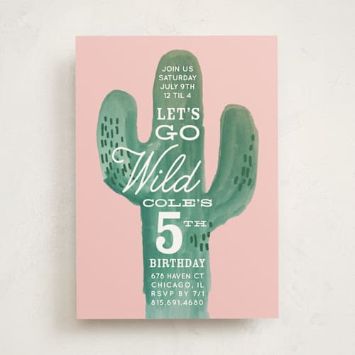This is a blush kids birthday invitations with standard by Baumbirdy called wild cactus printing on signature in standard