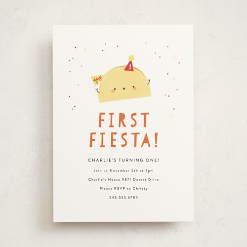 This is a spicy kids birthday invitations with standard by Itsy Belle Studio called 1st fiesta printing on signature in standard
