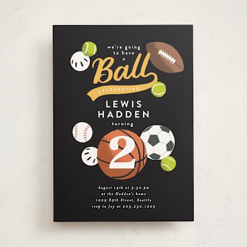 This is a maize kids birthday invitations with standard by Alethea and Ruth called have a ball printing on signature in standard