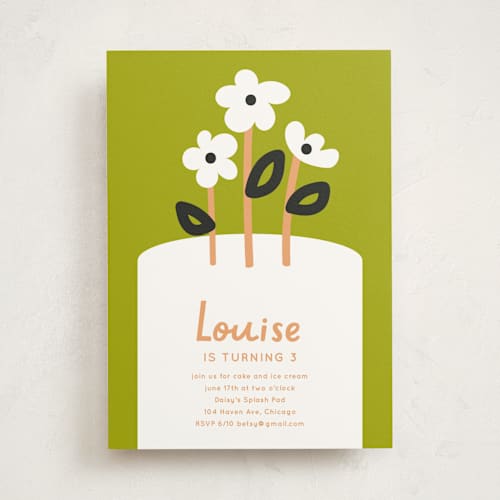 This is a lime kids birthday invitations with standard by Baumbirdy called flower cake printing on signature in standard