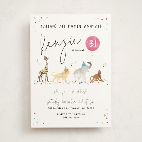 This is a gumdrops kids birthday invitations with standard by Maggie Maeve called party animals marching to the music printing on signature in standard