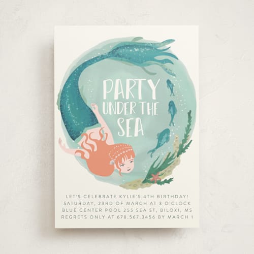 This is a azure kids birthday invitations with standard by Grae called little mermaid printing on signature in standard