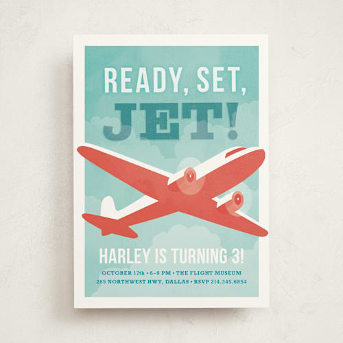 This is a teal kids birthday invitations with standard by Susan Asbill called ready, set, jet! printing on signature in standard