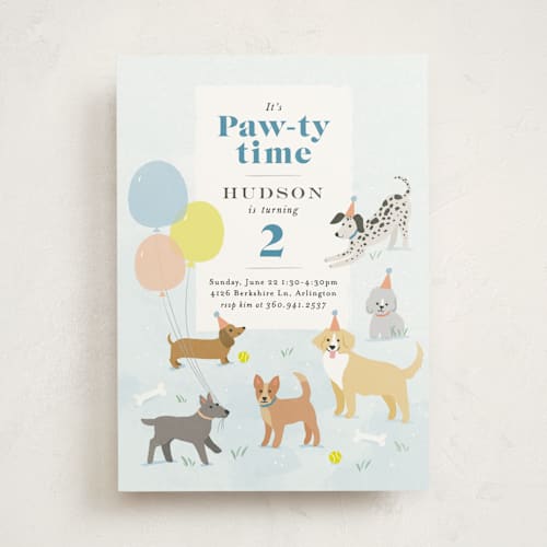 This is a sky kids birthday invitations with standard by Karidy Walker called pawty time printing on signature in standard