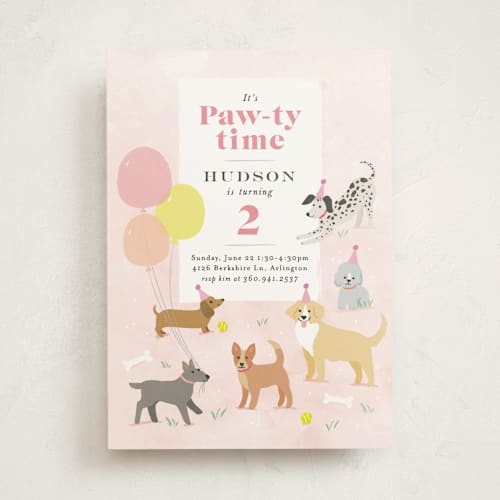 This is a blush kids birthday invitations with standard by Karidy Walker called pawty time printing on signature in standard