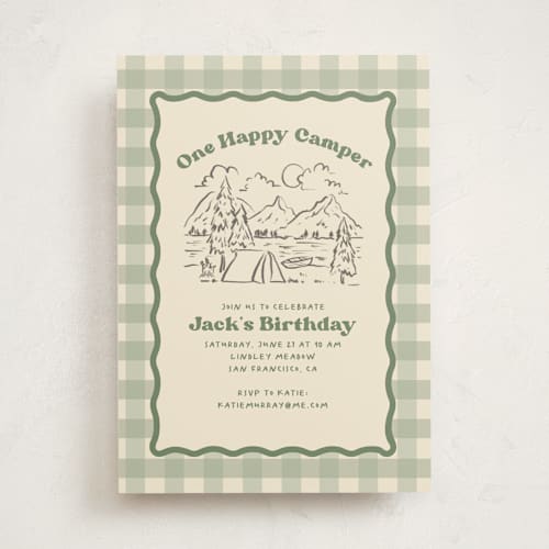 This is a sage kids birthday invitations with standard by Creo Study called one happy camper printing on signature in standard