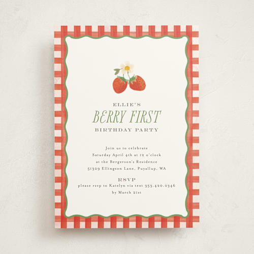 This is a strawberry kids birthday invitations with standard by Itsy Belle Studio called so berry sweet printing on signature in standard