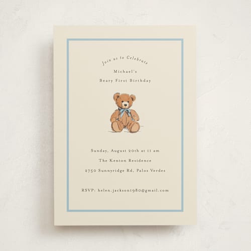 This is a frost kids birthday invitations with standard by Becky Nimoy called antique teddy bear printing on signature in standard
