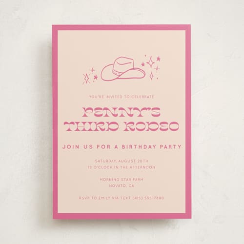 This is a peony kids birthday invitations with standard by Rachel Cassel called cowgirl sweet sixteen printing on signature in standard