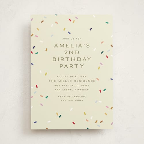 This is a cream kids birthday invitations with standard by Ellen Schlegelmilch called tiny bold sprinkles printing on signature in standard