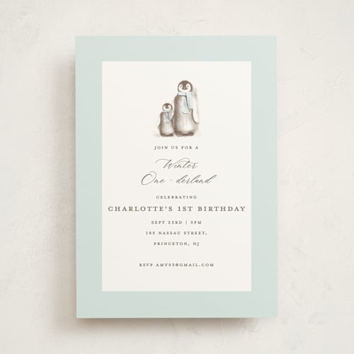 This is a ice kids birthday invitations with standard by Teju Reval called penguins printing on signature in standard