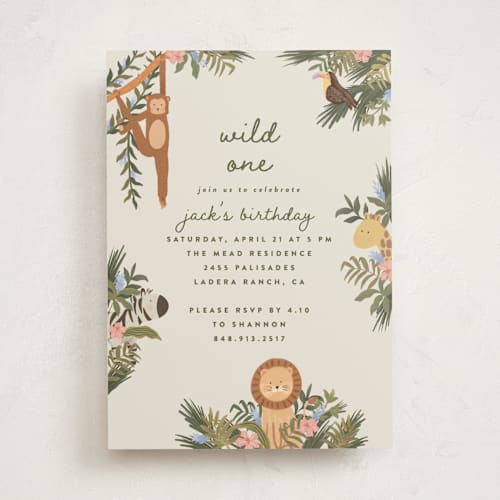 This is a moss kids birthday invitations with standard by Joanna Griffin called jungle animals printing on signature in standard
