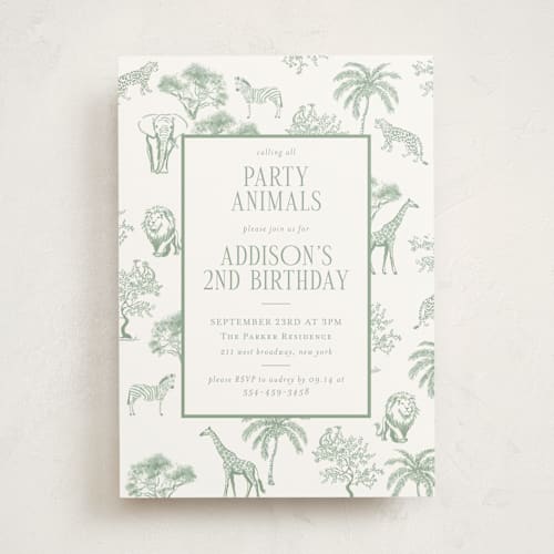 This is a palm kids birthday invitations with standard by Jenna Holcomb called safari toile printing on signature in standard
