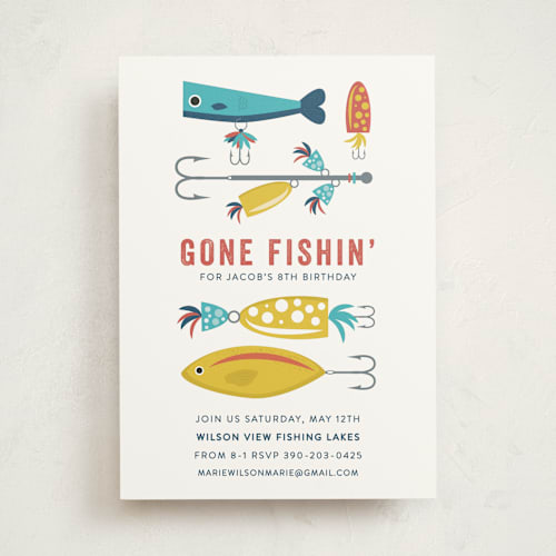 This is a ocean kids birthday invitations with standard by Bethany Anderson called gone fishin' printing on signature in standard