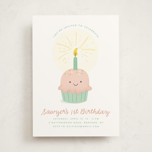 This is a strawberry kids birthday invitations with standard by Annie Holmquist called cupcake cutie printing on signature in standard