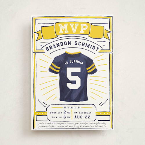This is a school bus kids birthday invitations with standard by Shiny Penny Studio called mvp collectors card printing on signature in standard