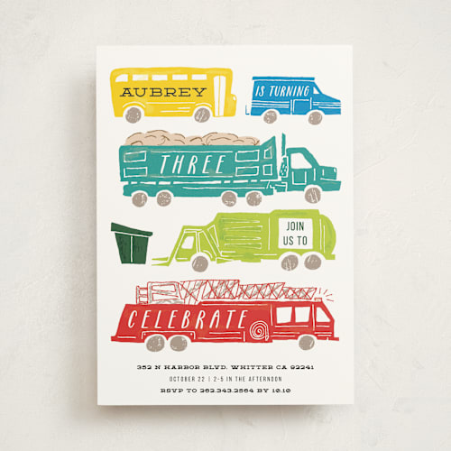 This is a bright turquoise kids birthday invitations with standard by Shiny Penny Studio called things that g0 printing on signature in standard