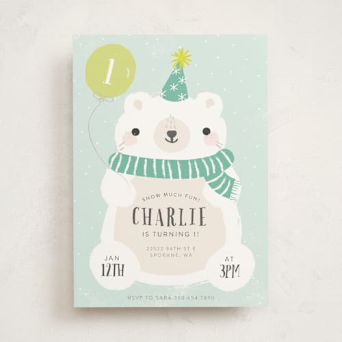 This is a aqua green kids birthday invitations with standard by Itsy Belle Studio called polar party printing on signature in standard
