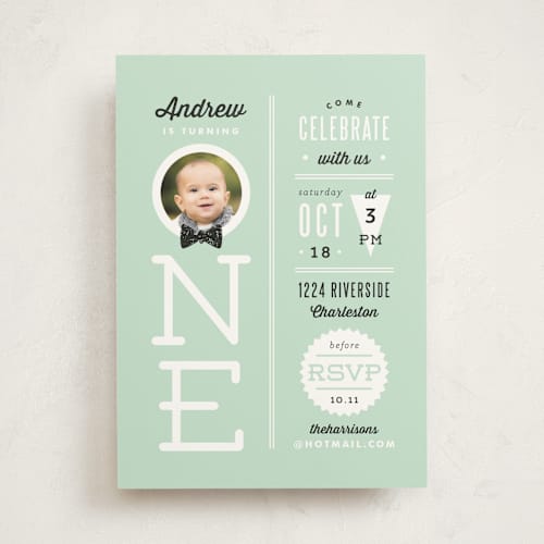 This is a mint kids birthday invitations with standard by Lauren Chism called one little man printing on signature in standard