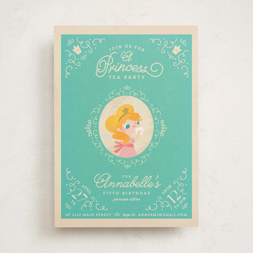 This is a turquoise kids birthday invitations with standard by Lori Wemple called princess tea printing on signature in standard