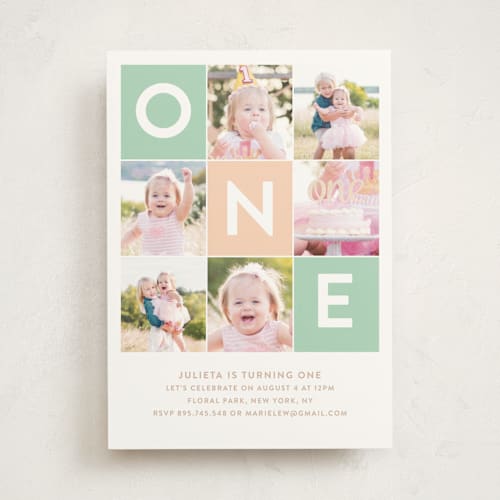 This is a seafoam kids birthday invitations with standard by Joanne James called simply one printing on signature in standard