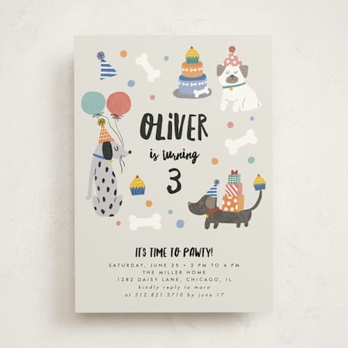 This is a classic kids birthday invitations with standard by Lehan Veenker called party puppers printing on signature in standard