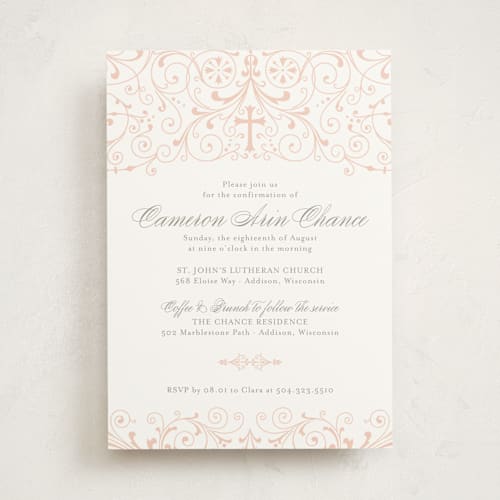 This is a soft peach confirmation invitations cards with standard by Sarah Brown called graceful printing on signature in standard