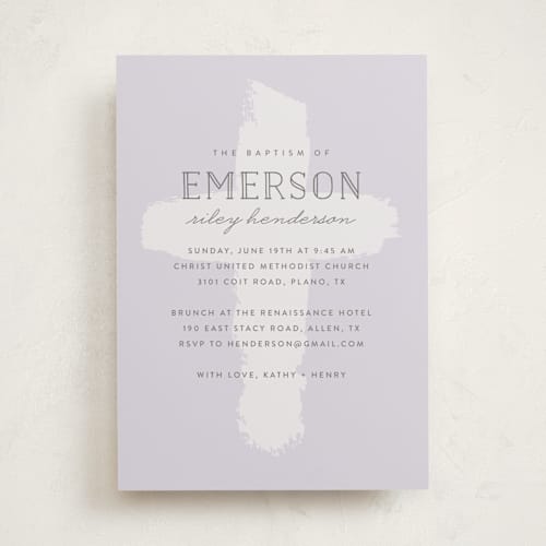 This is a lilac confirmation invitations cards with standard by Susan Asbill called brushed cross printing on signature in standard