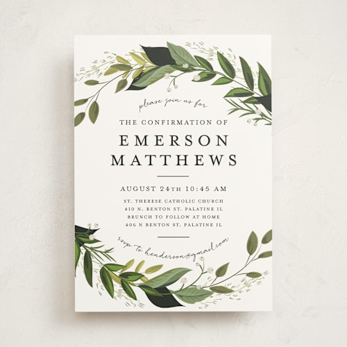 This is a fern confirmation invitations cards with standard by Susan Moyal called vines of green printing on signature in standard