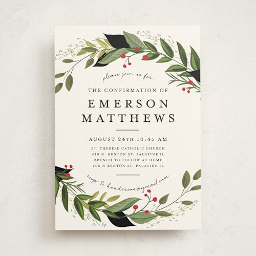 This is a crimson confirmation invitations cards with standard by Susan Moyal called vines of green printing on signature in standard