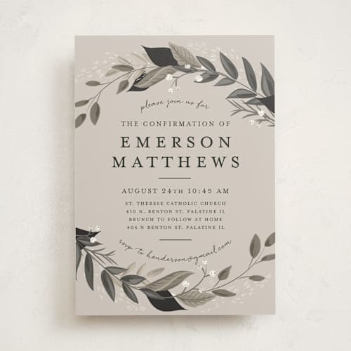 This is a fog confirmation invitations cards with standard by Susan Moyal called vines of green printing on signature in standard