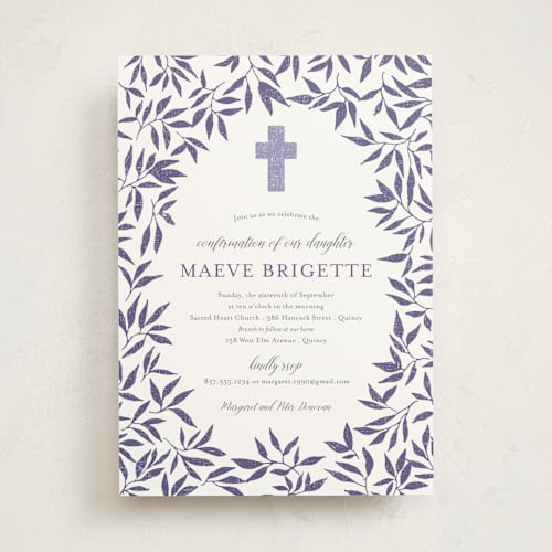 This is a grape confirmation invitations cards with standard by Paula Pecevich called blessed laurels printing on signature in standard