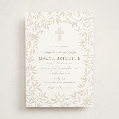 This is a linen confirmation invitations cards with standard by Paula Pecevich called blessed laurels printing on signature in standard