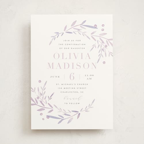 This is a lavender confirmation invitations cards with standard by Kristie Kern called garden frame printing on signature in standard