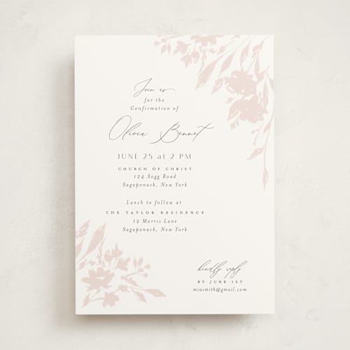 This is a peony confirmation invitations cards with standard by Nicoletta Savod called blushed printing on signature in standard