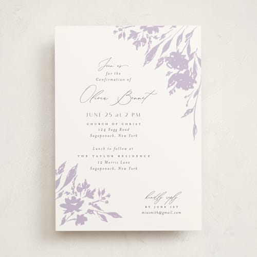 This is a lavender confirmation invitations cards with standard by Nicoletta Savod called blushed printing on signature in standard