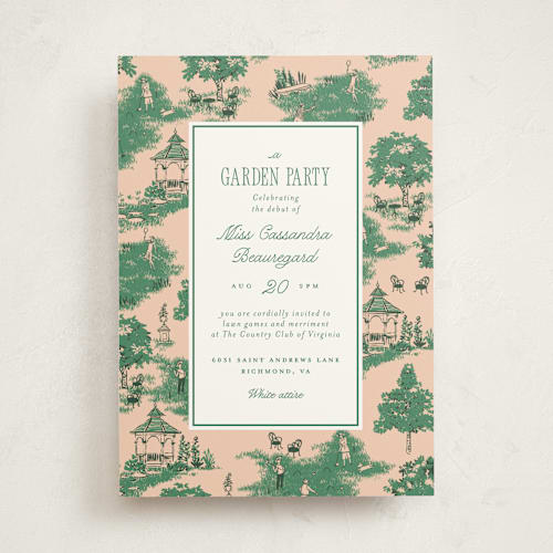 This is a peach debutante party invitations with standard by Leia Matt called greenfield toile printing on signature in standard