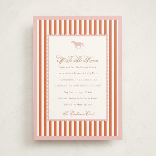 This is a peach debutante party invitations with standard by Ashlee Townsend called derby party printing on signature in standard