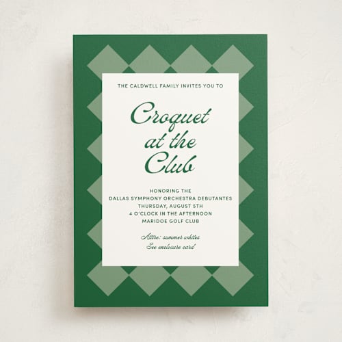 This is a green lawn debutante party invitations with standard by Inkblot Design called argyle printing on signature in standard