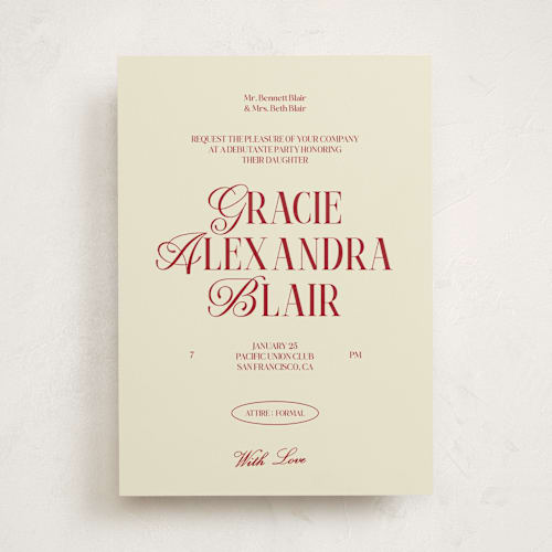 This is a cherry debutante party invitations with standard by Helena Vitto called the debut season printing on signature in standard