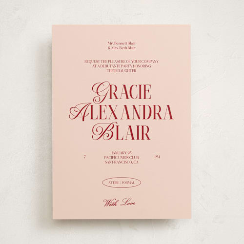 This is a flamingo debutante party invitations with standard by Helena Vitto called the debut season printing on signature in standard