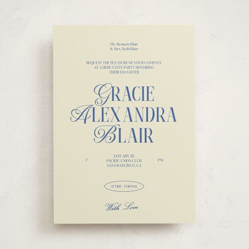 This is a bluebird debutante party invitations with standard by Helena Vitto called the debut season printing on signature in standard