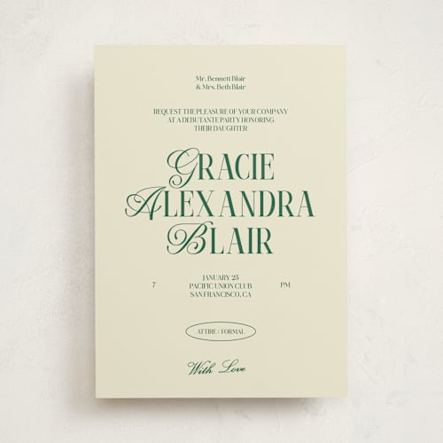 This is a avocado debutante party invitations with standard by Helena Vitto called the debut season printing on signature in standard