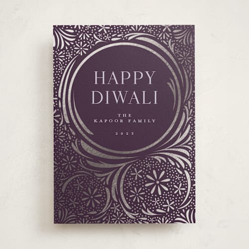 This is a grape diwali cards with foil pressed by Katie Zimpel called lights festival printing on signature in standard