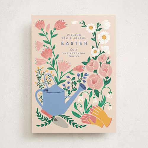 This is a linen easter photo cards with standard by Jamie Alexander called joyful easter garden printing on signature in standard